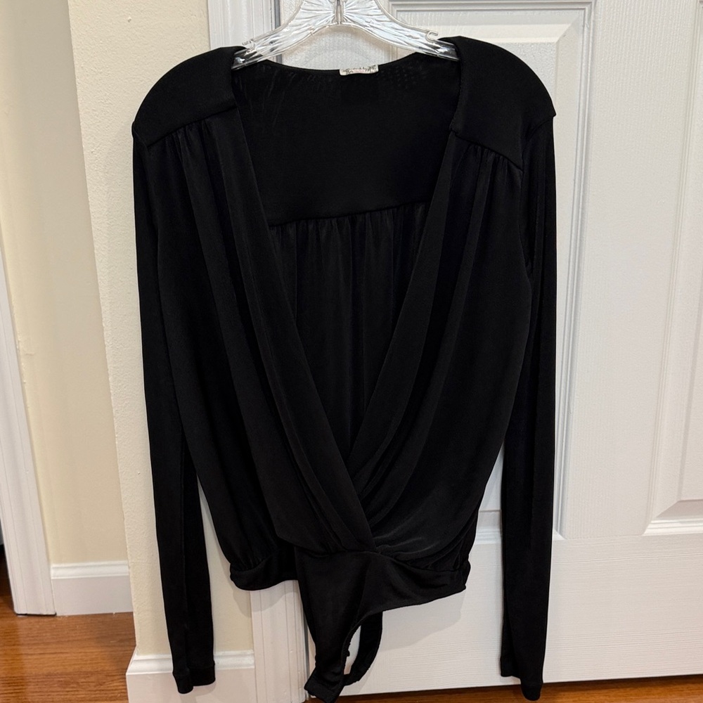 Free People Black Wrap-Front Long Sleeve Bodysuit